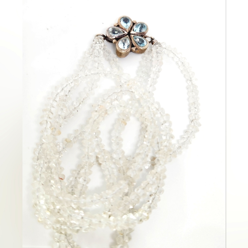 Vintage .925 Sterling Silver Blue Topaz Flower Multi Strand Clr Quartz Necklace